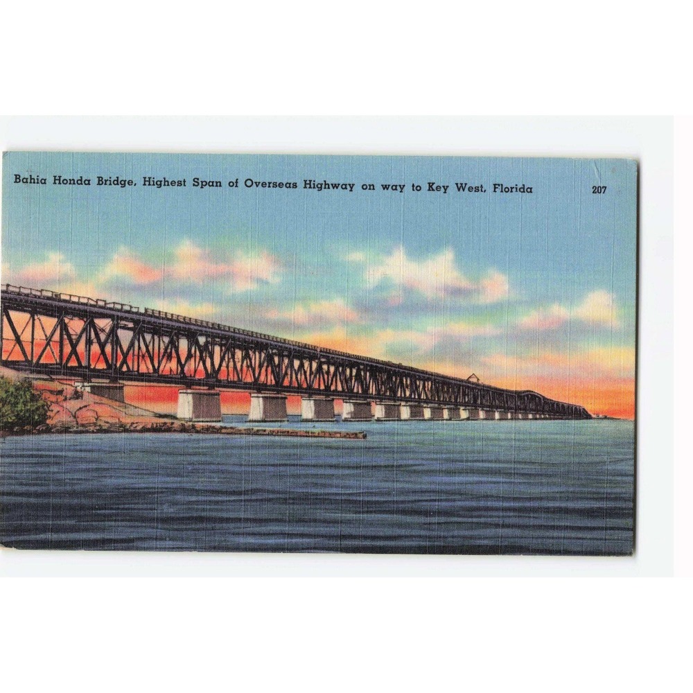 Vintage Bahia Honda Bridge Florida Keys Overseas Highway Linen Postcard 1959